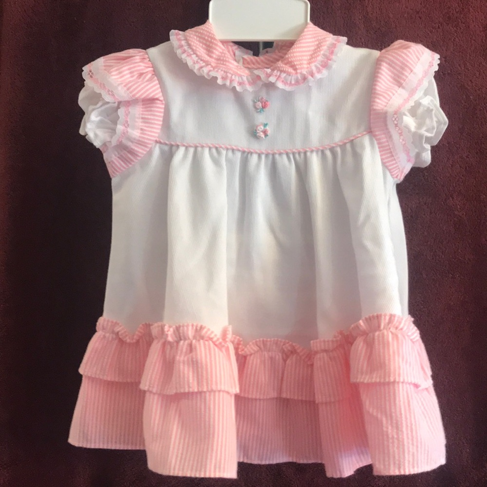 Baby girls, pink/white dress, short sleeve, Size 18 months
